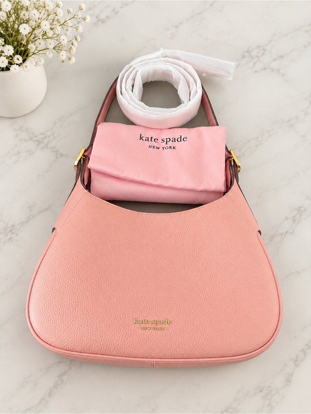 Kate Spade Pink Pebbled Leather Shoulder Bag Hobo Purse w/ Dust Bag & Strap - Picture 8 of 8